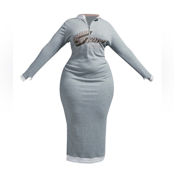 PRETTYLITTLETHING Plus Grey Marl Printed Rib Zip Up Midi Dress - Picture 1 of 5